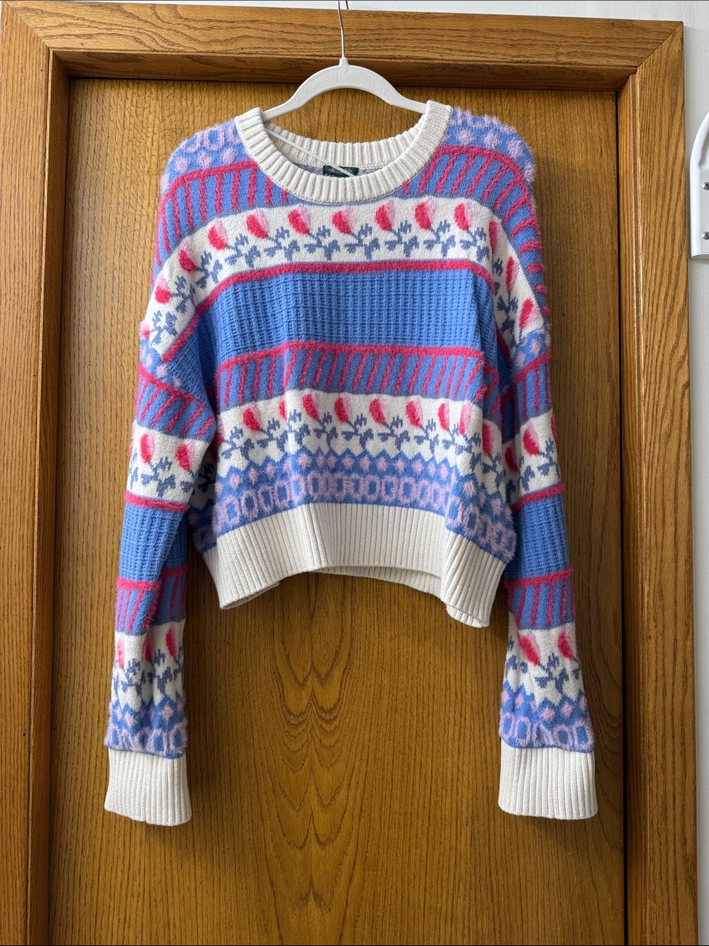 wild fable Cropped Fair Isle Sweater in Blue, Pink & White